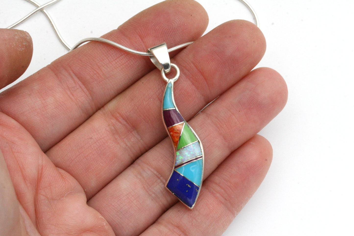 Sterling Silver Wave Pendant with Lapis, Turquoise, Spiny Oyster and Opal Inlay on Snake Chain