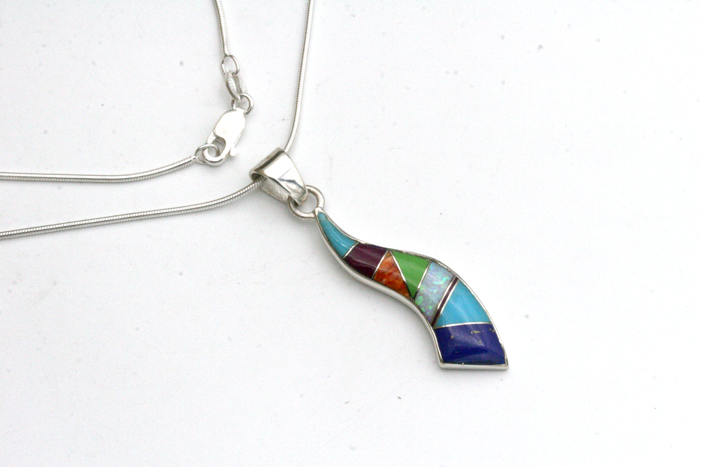 Sterling Silver Wave Pendant with Lapis, Turquoise, Spiny Oyster and Opal Inlay on Snake Chain