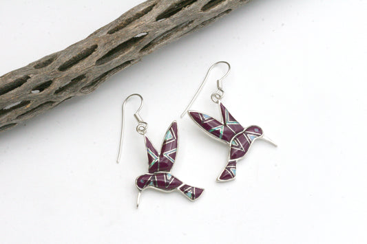 Sterling Silver Hummingbird Earrings with Purple Turquoise & Opal Inlay