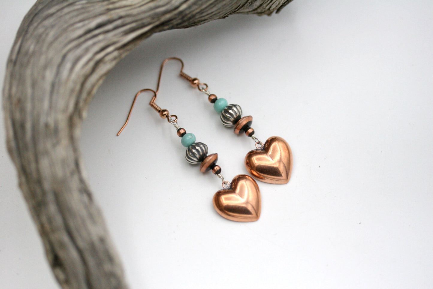 Southwestern Turquoise Puffed Copper Heart Earrings