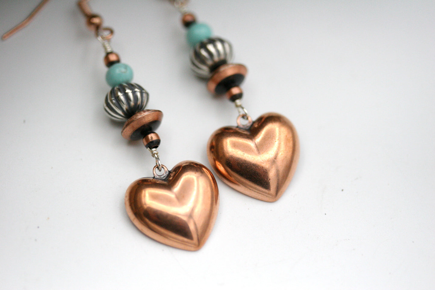 Southwestern Turquoise Puffed Copper Heart Earrings