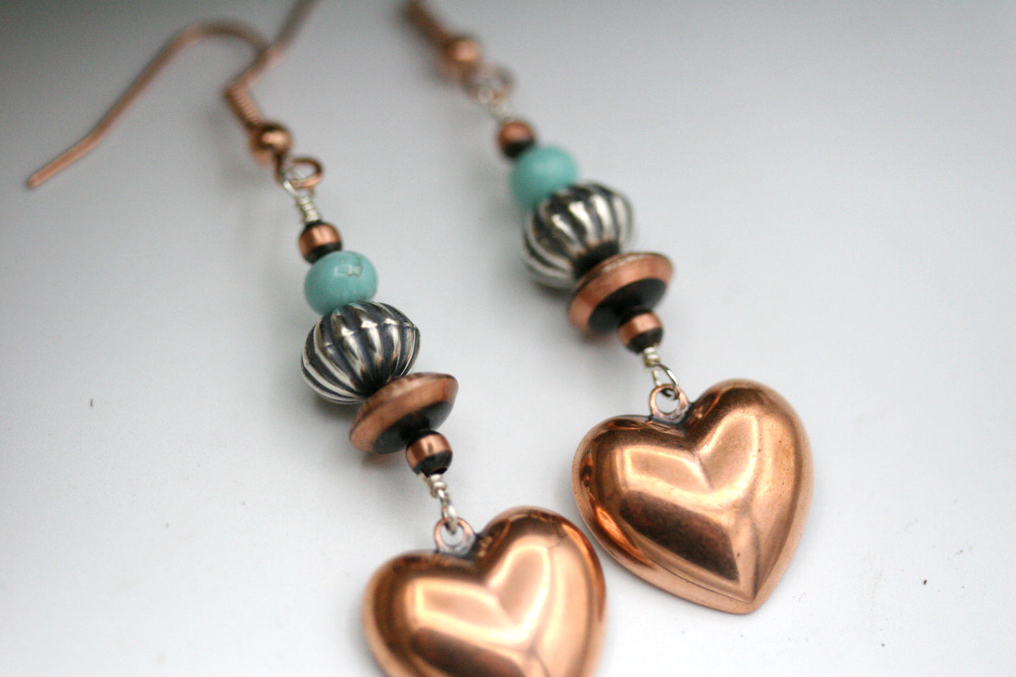 Southwestern Turquoise Puffed Copper Heart Earrings