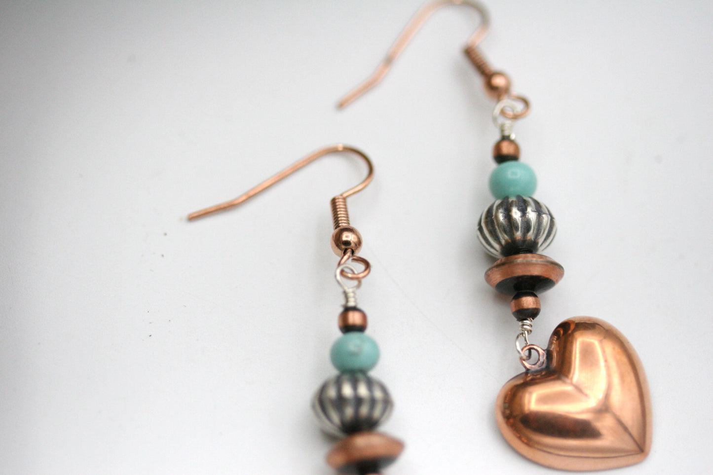 Southwestern Turquoise Puffed Copper Heart Earrings
