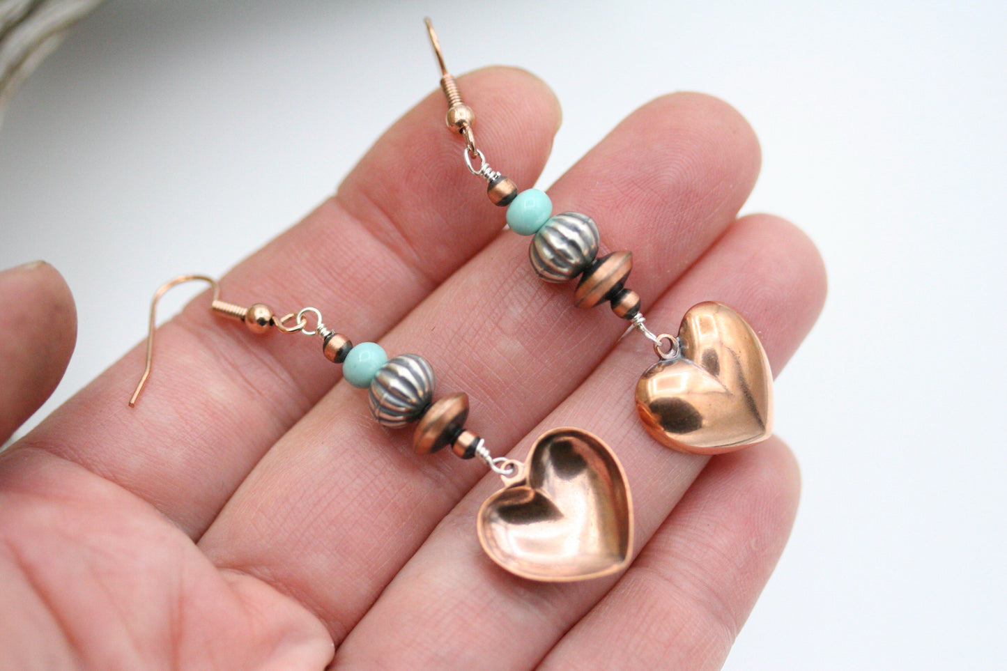 Southwestern Turquoise Puffed Copper Heart Earrings