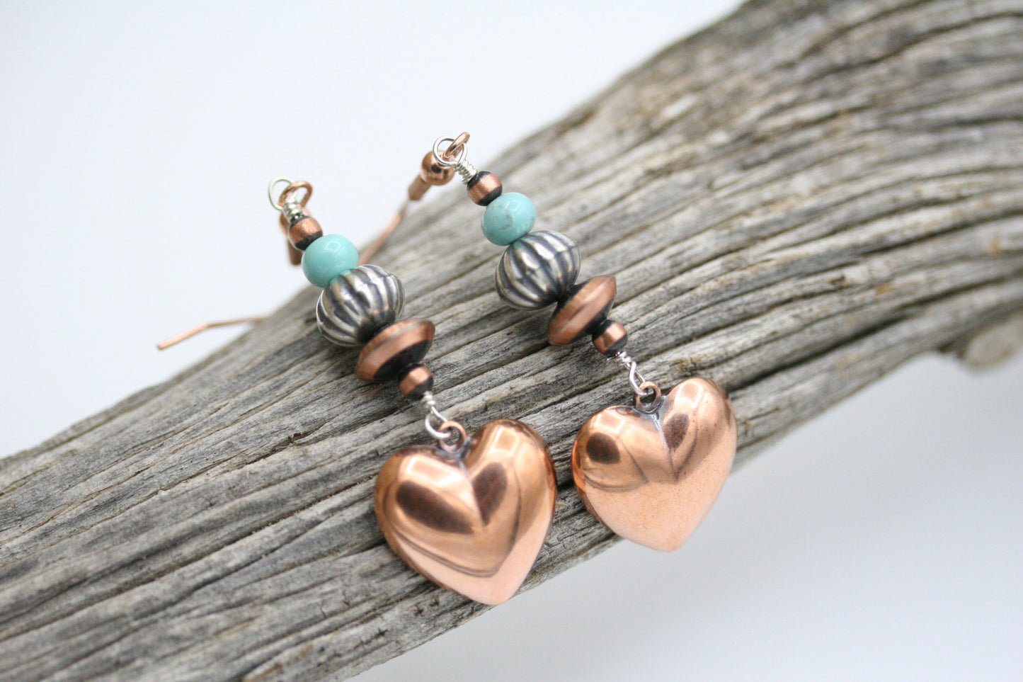 Southwestern Turquoise Puffed Copper Heart Earrings