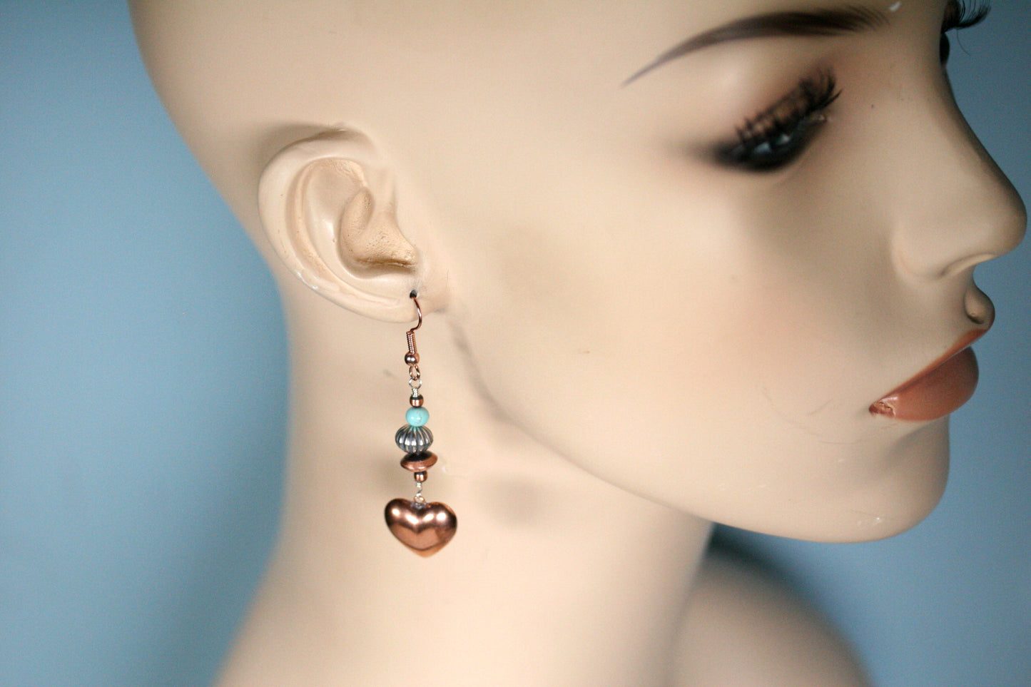 Southwestern Turquoise Puffed Copper Heart Earrings