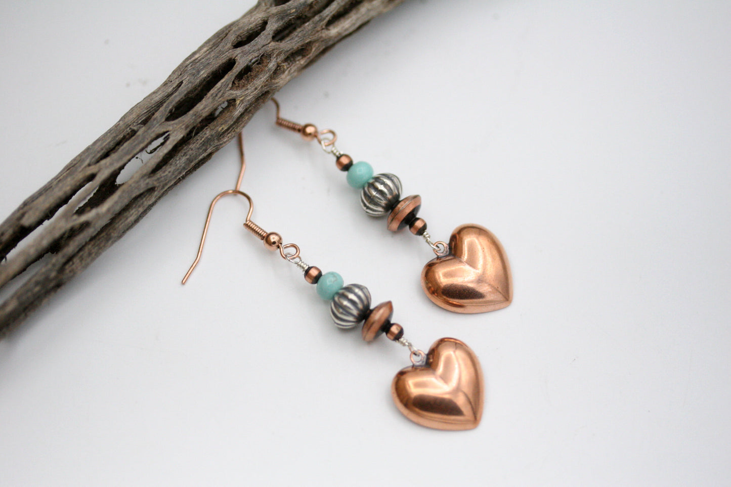 Southwestern Turquoise Puffed Copper Heart Earrings