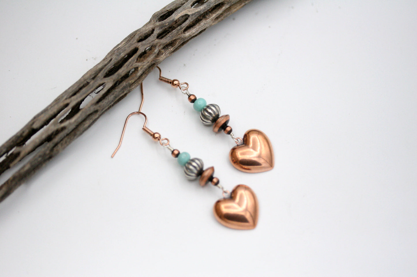 Southwestern Turquoise Puffed Copper Heart Earrings
