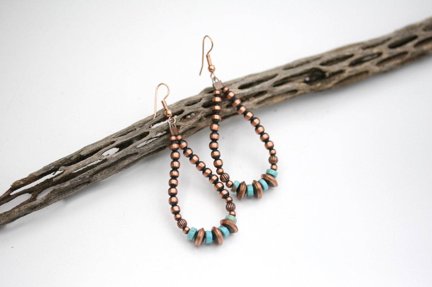Copper Navajo Pearl Hoop Earrings with Turquoise