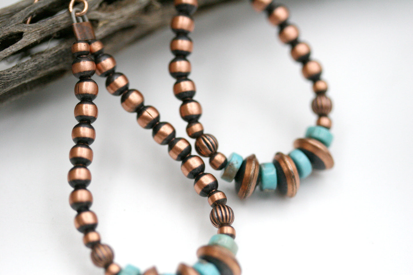 Copper Navajo Pearl Hoop Earrings with Turquoise