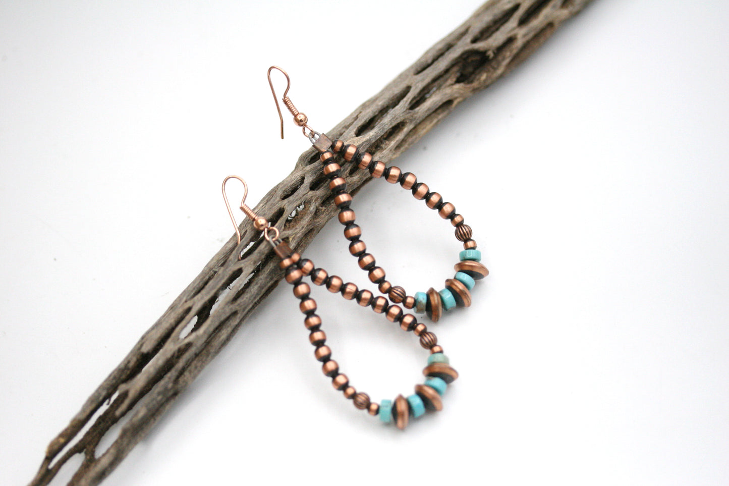 Copper Navajo Pearl Hoop Earrings with Turquoise