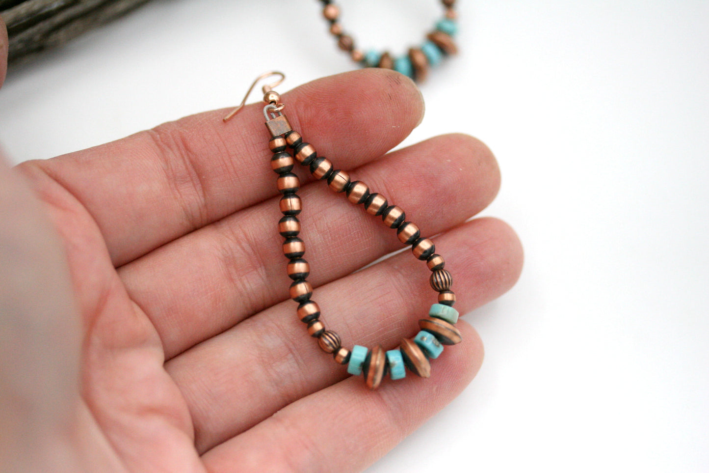 Copper Navajo Pearl Hoop Earrings with Turquoise