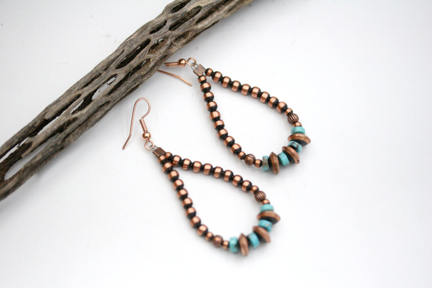 Copper Navajo Pearl Hoop Earrings with Turquoise