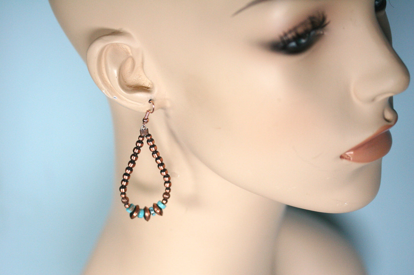 Copper Navajo Pearl Hoop Earrings with Turquoise
