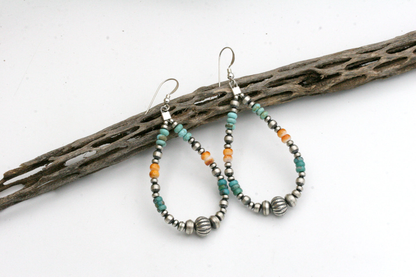 Teardrop Navajo Pearl Hoop Earrings with Turquoise and Spiny Oyster