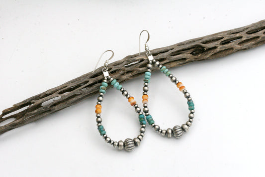 Teardrop Navajo Pearl Hoop Earrings with Turquoise and Spiny Oyster
