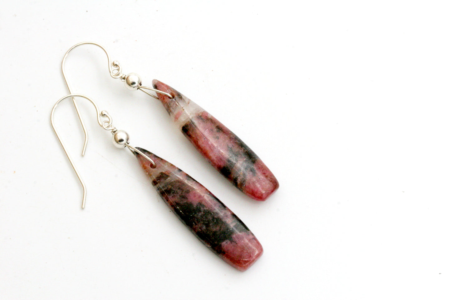 Rhodonite Teardrop Earrings, Sterling Silver Dangle