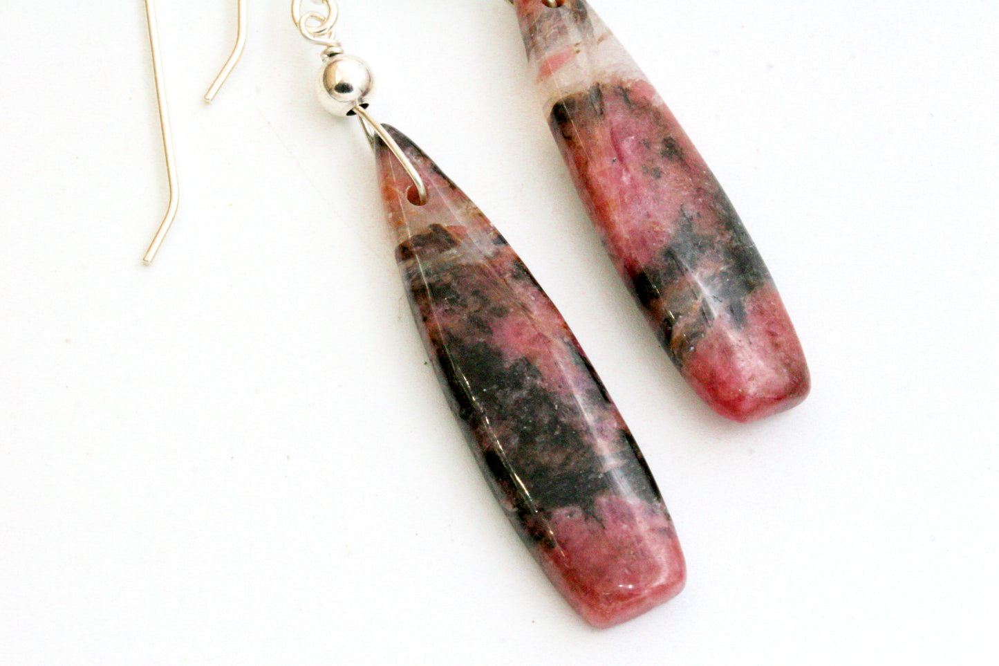 Rhodonite Teardrop Earrings, Sterling Silver Dangle
