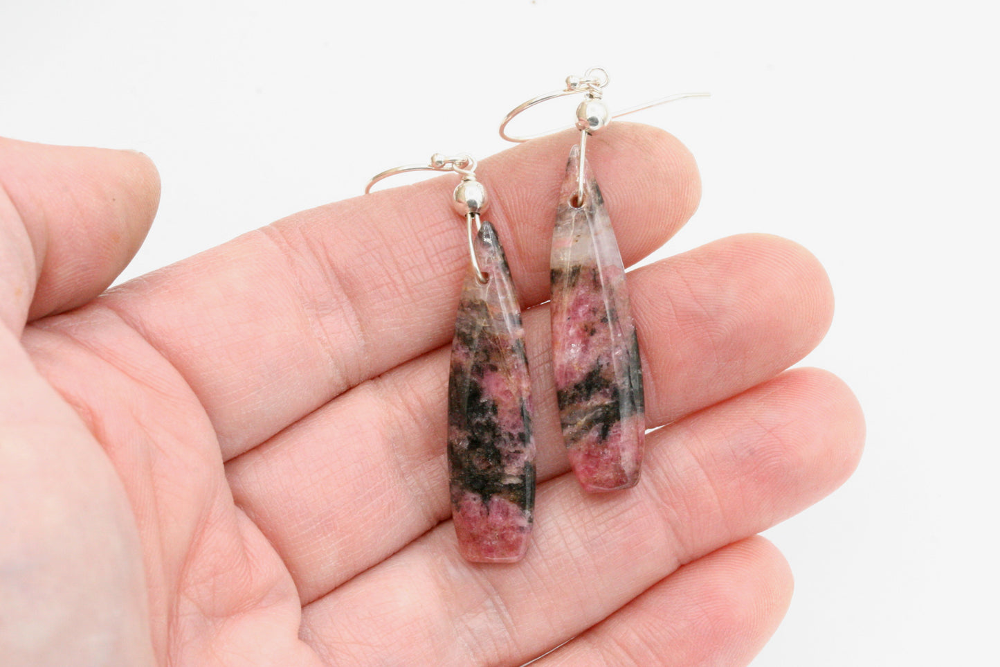 Rhodonite Teardrop Earrings, Sterling Silver Dangle