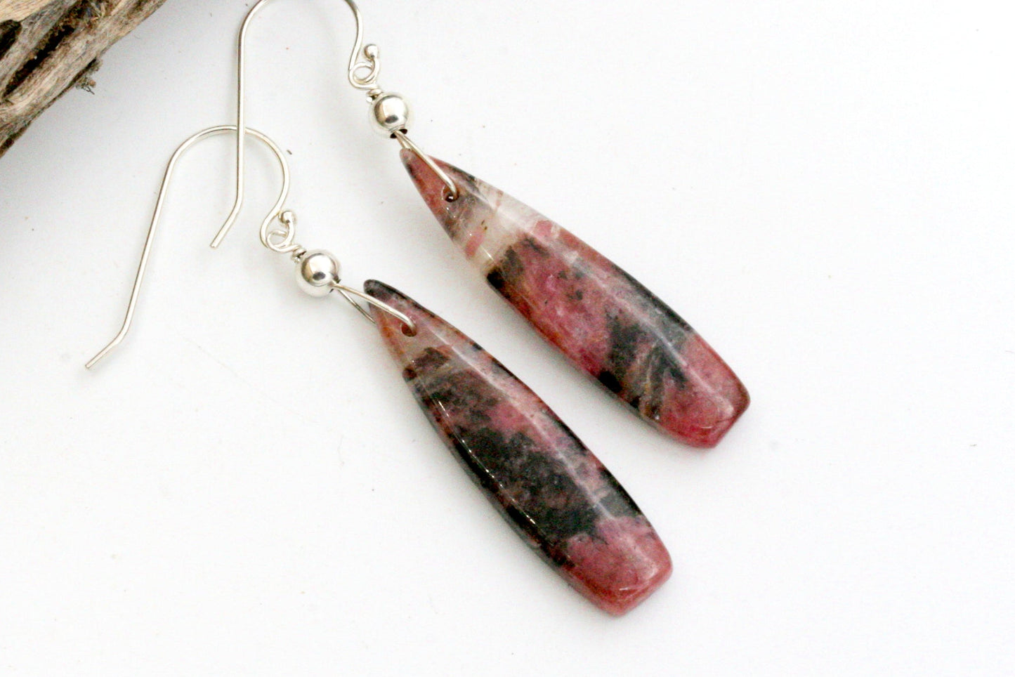 Rhodonite Teardrop Earrings, Sterling Silver Dangle