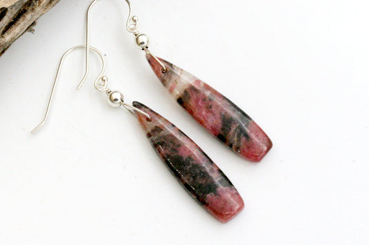 Rhodonite Teardrop Earrings, Sterling Silver Dangle