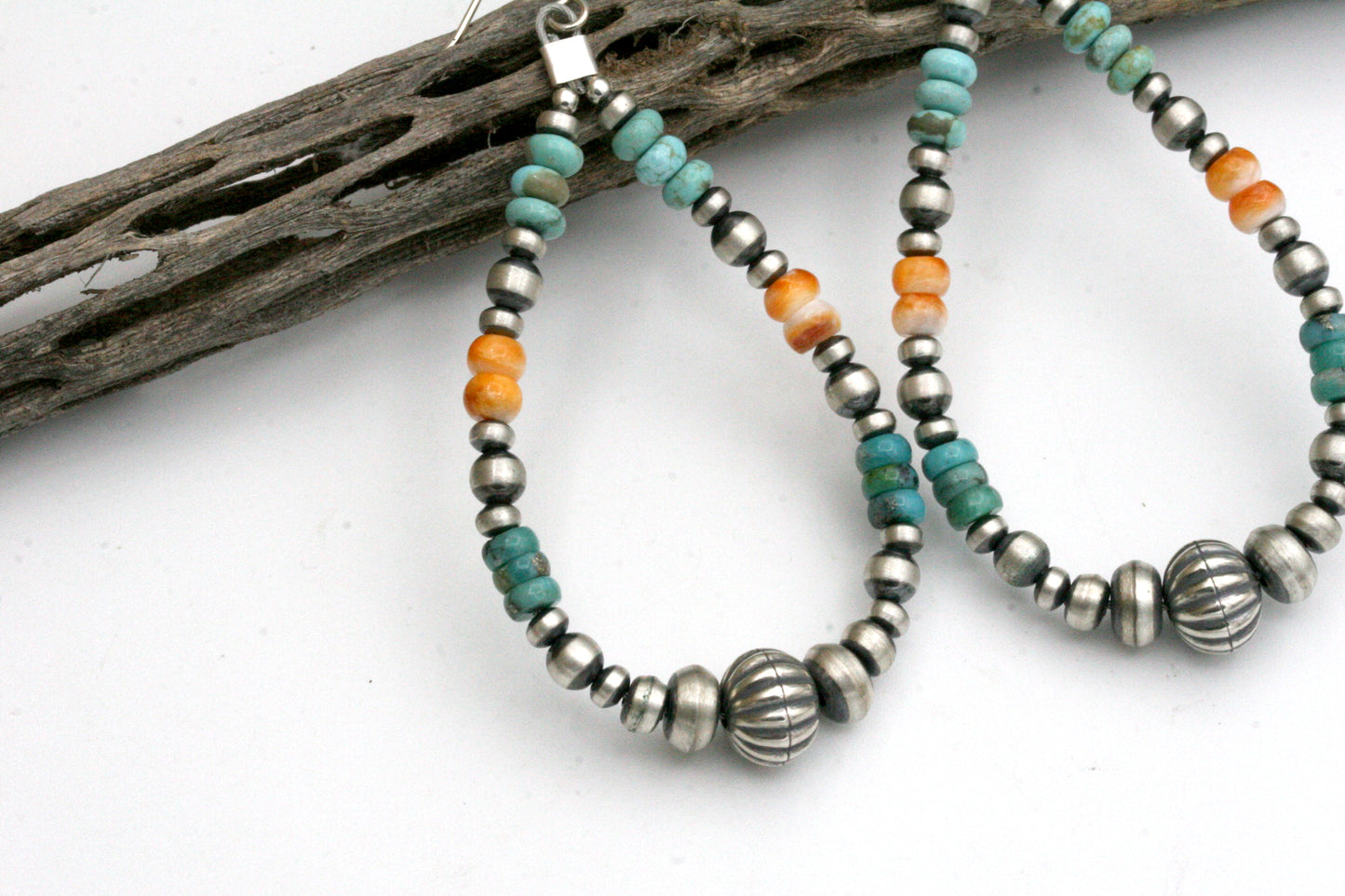 Teardrop Navajo Pearl Hoop Earrings with Turquoise and Spiny Oyster