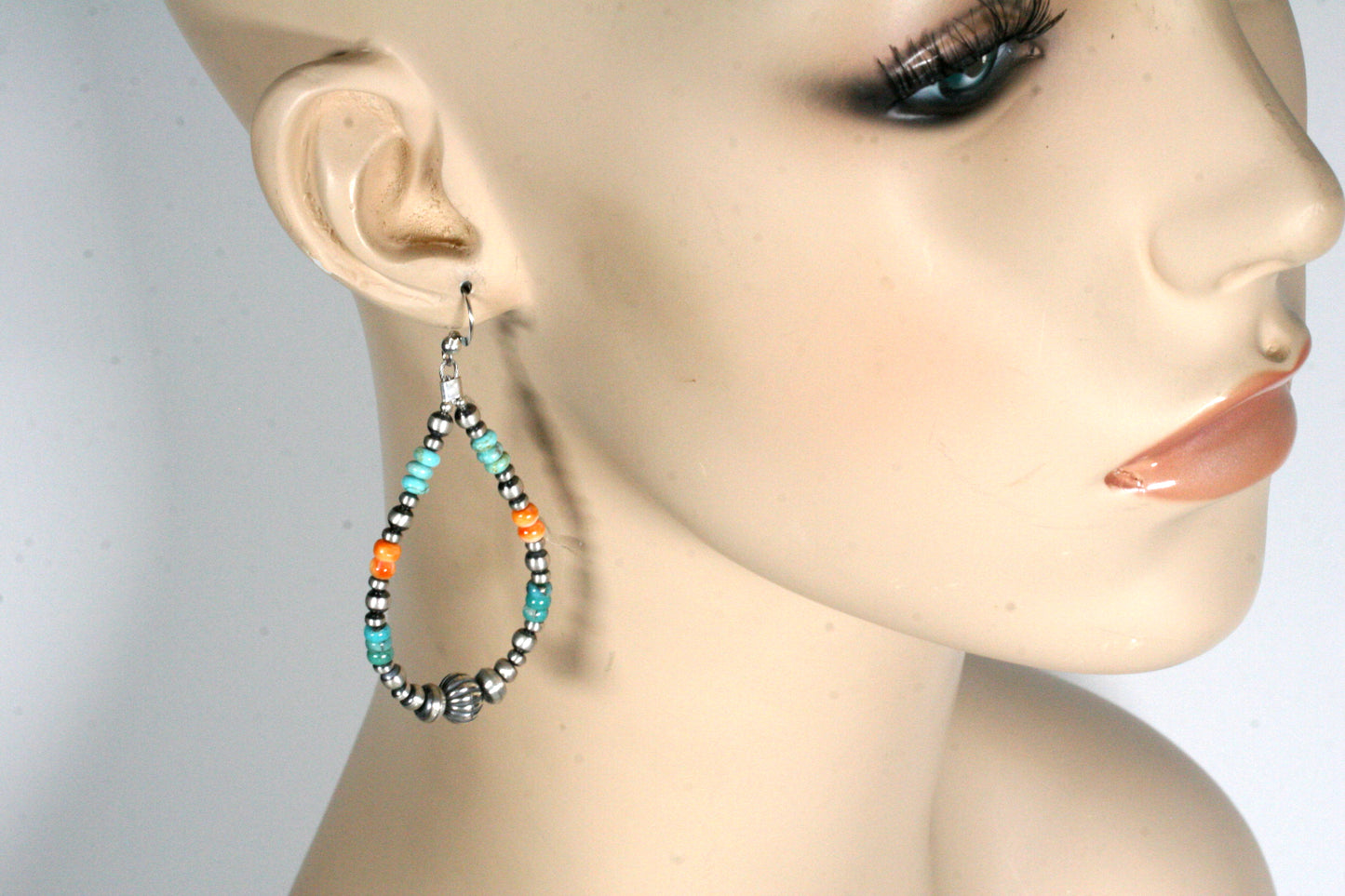 Teardrop Navajo Pearl Hoop Earrings with Turquoise and Spiny Oyster