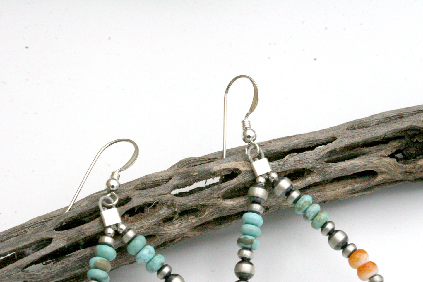 Teardrop Navajo Pearl Hoop Earrings with Turquoise and Spiny Oyster