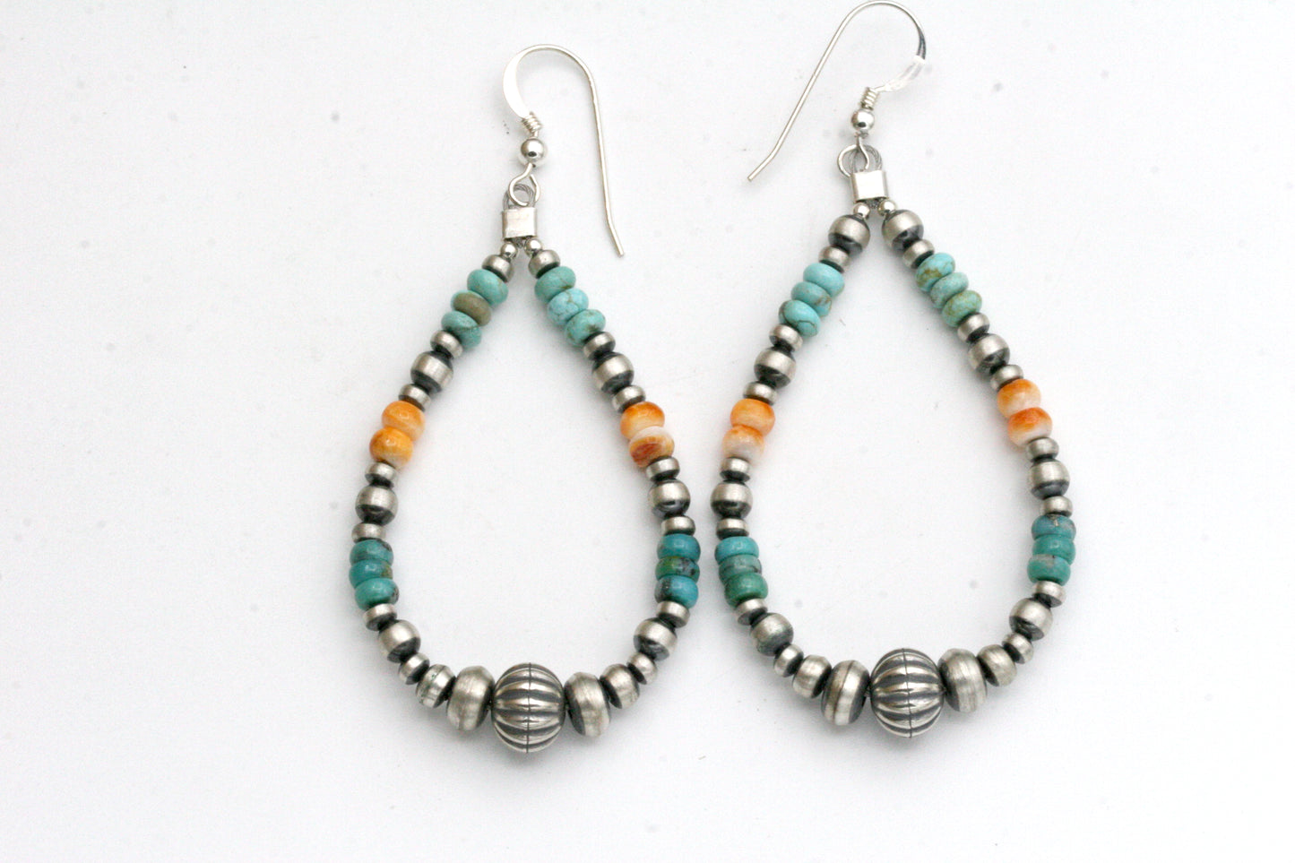 Teardrop Navajo Pearl Hoop Earrings with Turquoise and Spiny Oyster