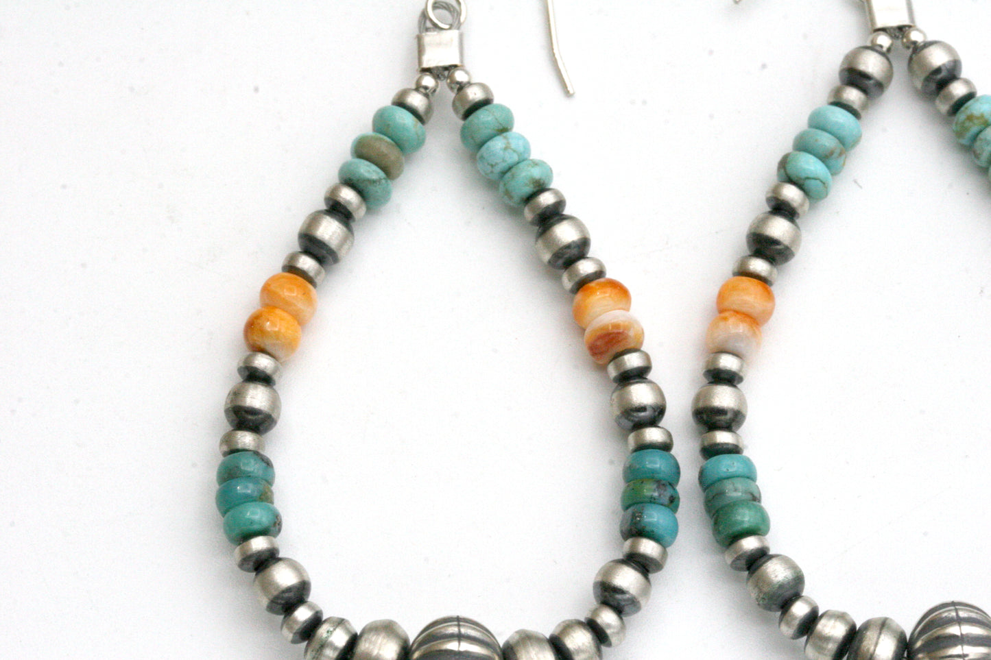 Teardrop Navajo Pearl Hoop Earrings with Turquoise and Spiny Oyster