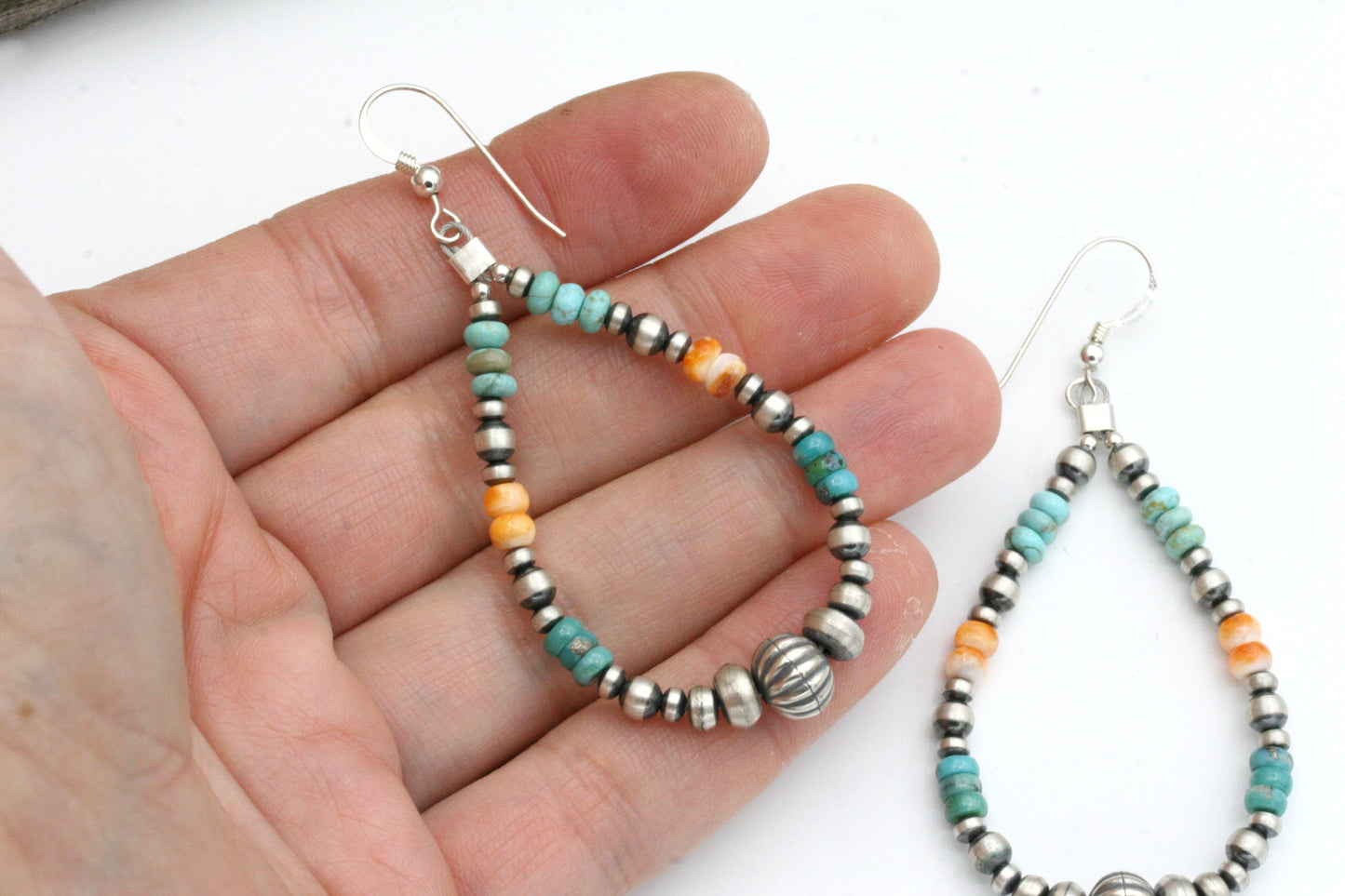 Teardrop Navajo Pearl Hoop Earrings with Turquoise and Spiny Oyster