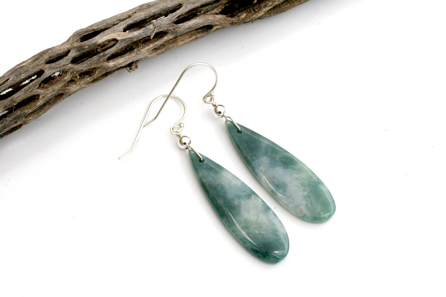 Green Mountain Jade Teardrop Dangle Earrings, Sterling Silver