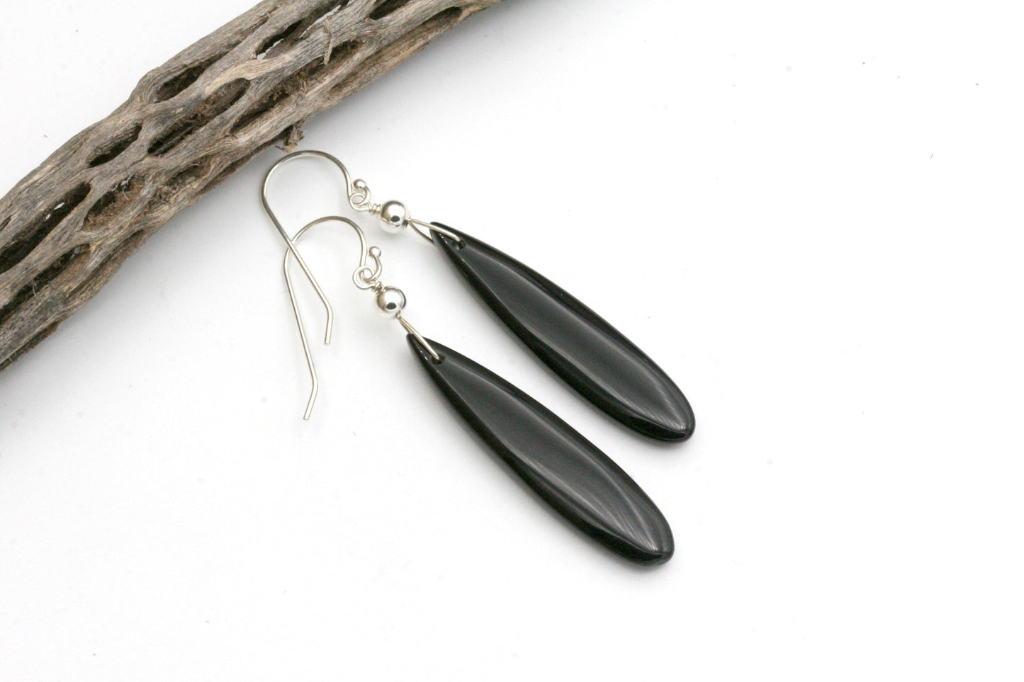 Obsidian Teardrop Earrings with Sterling Silver - Black Stone Earrings