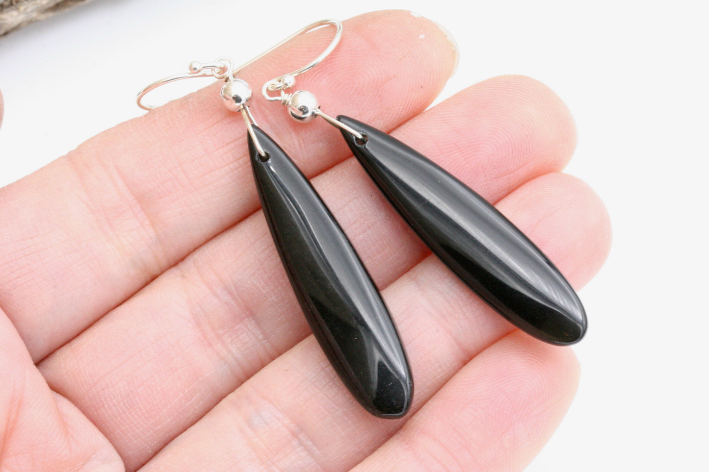 Obsidian Teardrop Earrings with Sterling Silver - Black Stone Earrings