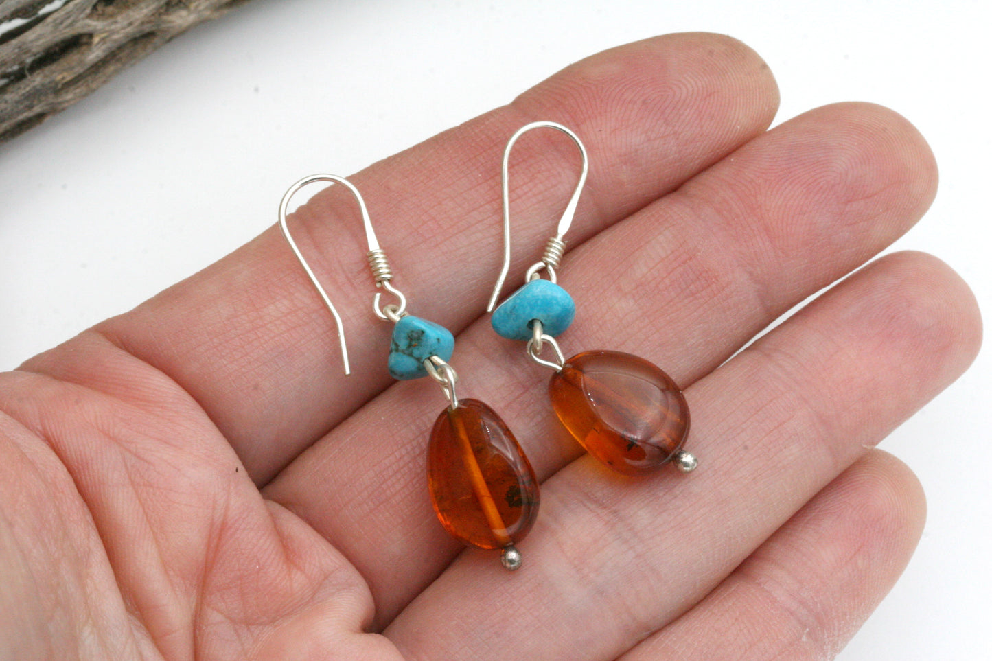 Amber and Turquoise Earrings – Sterling Silver Gemstone Drops