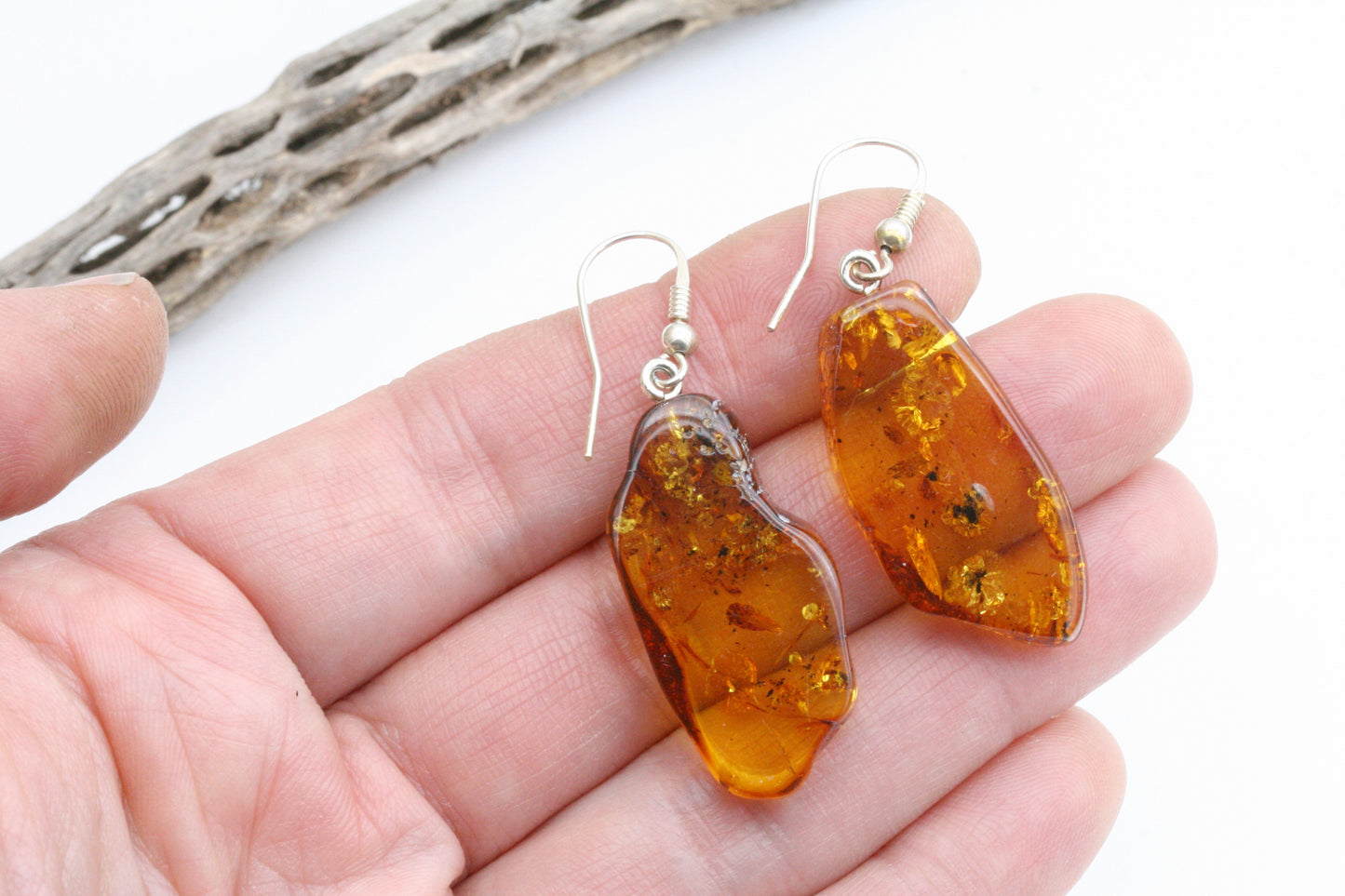 Baltic Amber Slab Earrings – Sterling Silver