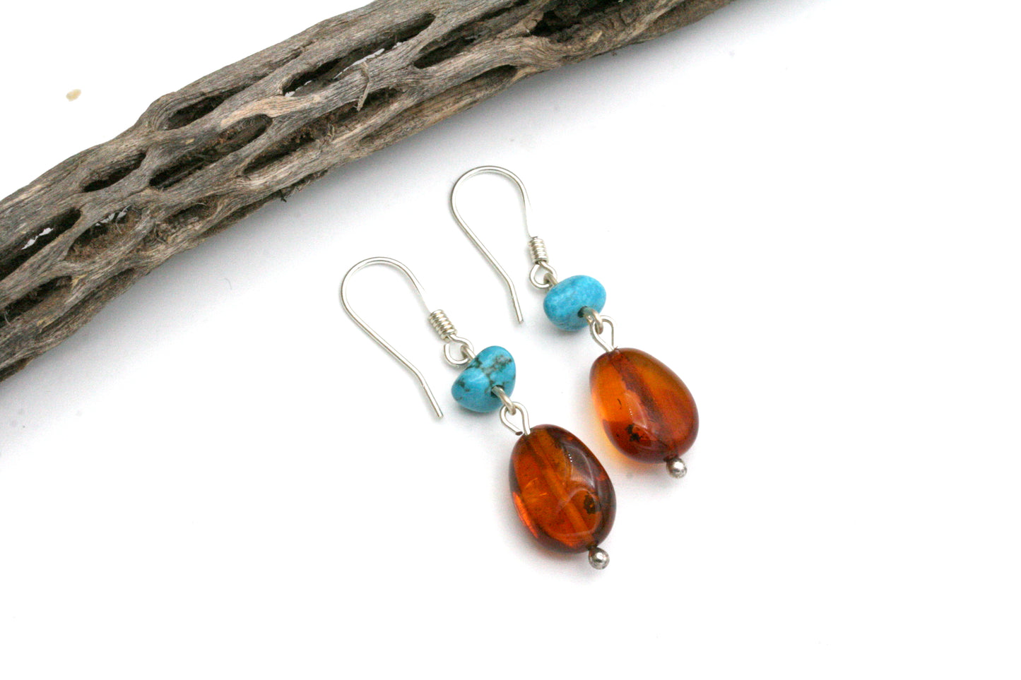Amber and Turquoise Earrings – Sterling Silver Gemstone Drops