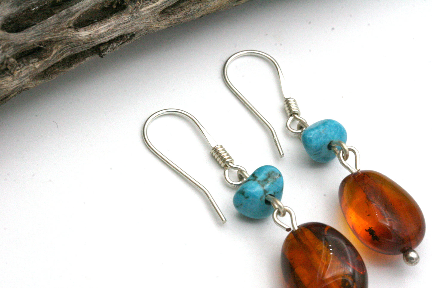 Amber and Turquoise Earrings – Sterling Silver Gemstone Drops