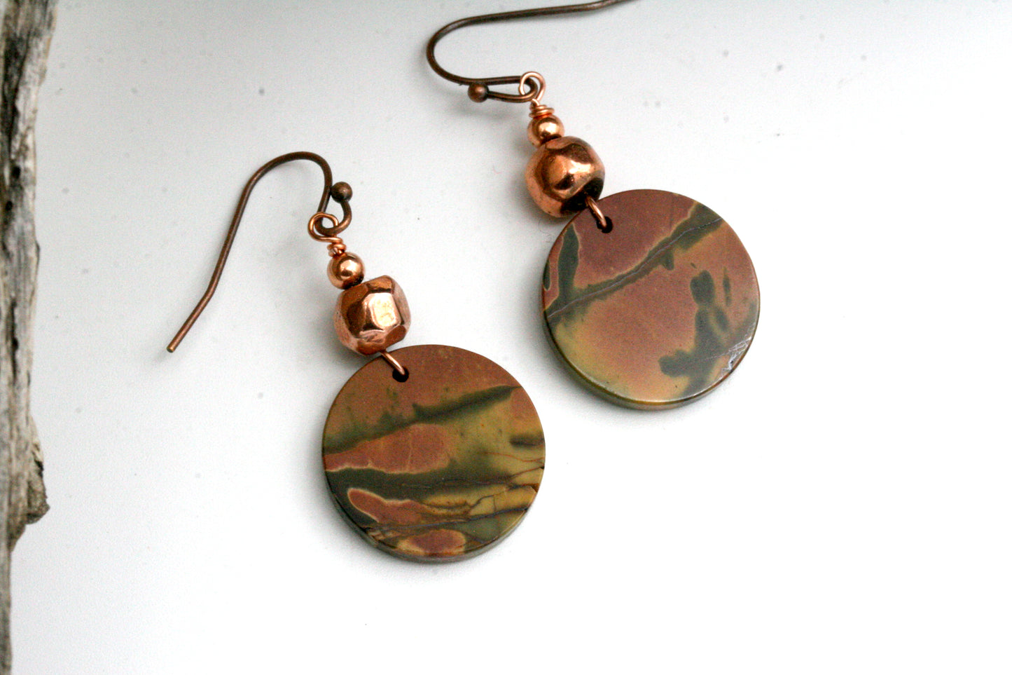 Red Creek Jasper Earrings – Natural Gemstone Disc Earrings with Copper Accent Beads, Boho Style