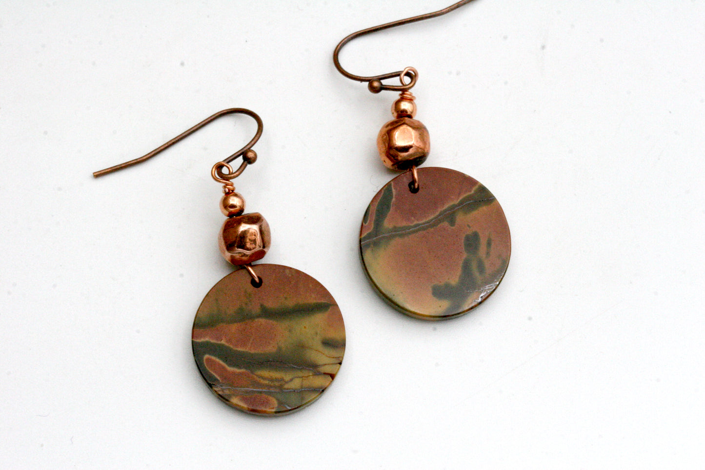 Red Creek Jasper Earrings – Natural Gemstone Disc Earrings with Copper Accent Beads, Boho Style