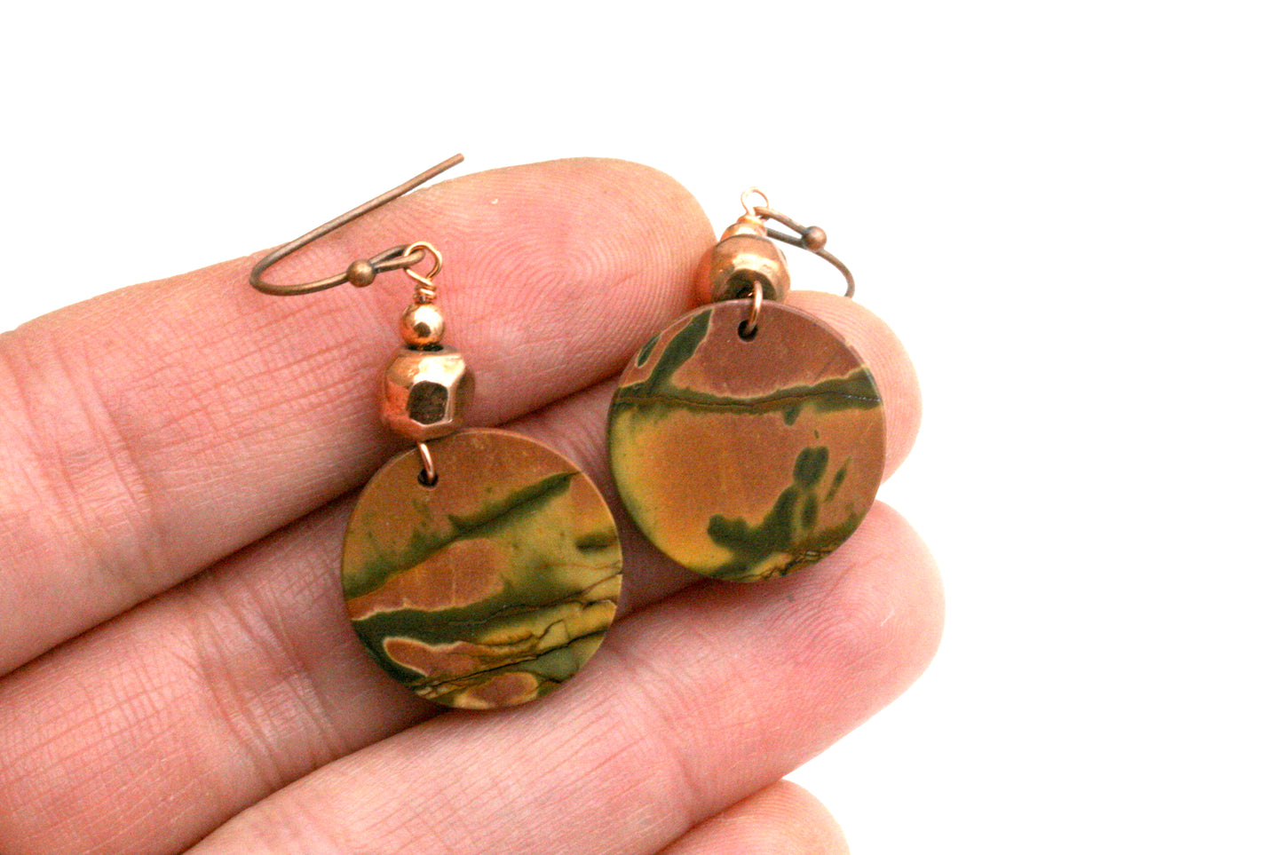 Red Creek Jasper Earrings – Natural Gemstone Disc Earrings with Copper Accent Beads, Boho Style