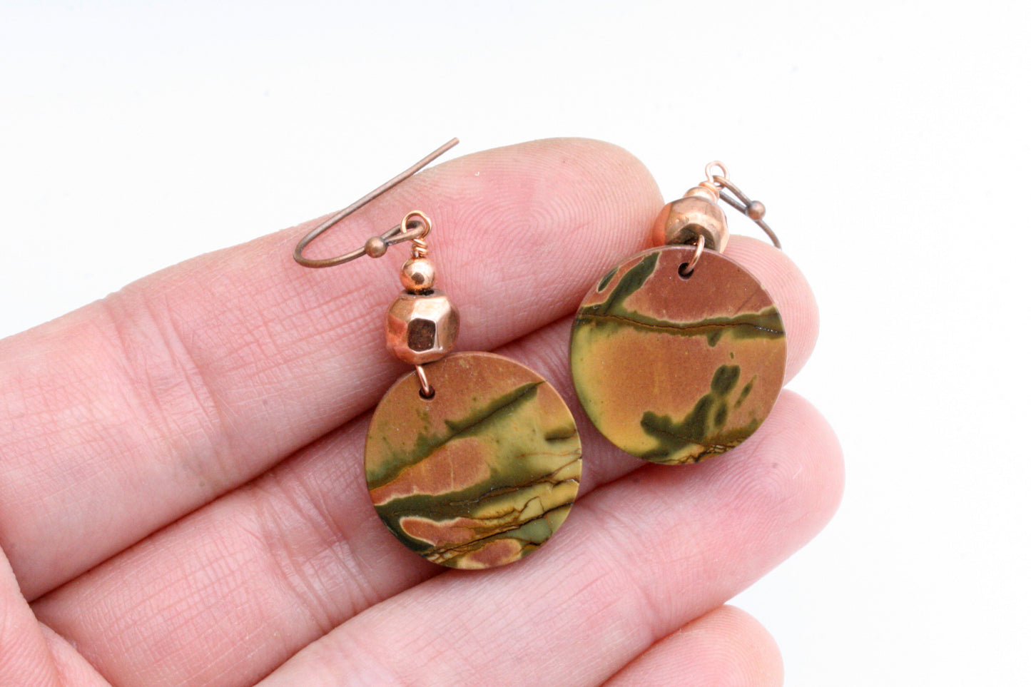 Red Creek Jasper Earrings – Natural Gemstone Disc Earrings with Copper Accent Beads, Boho Style