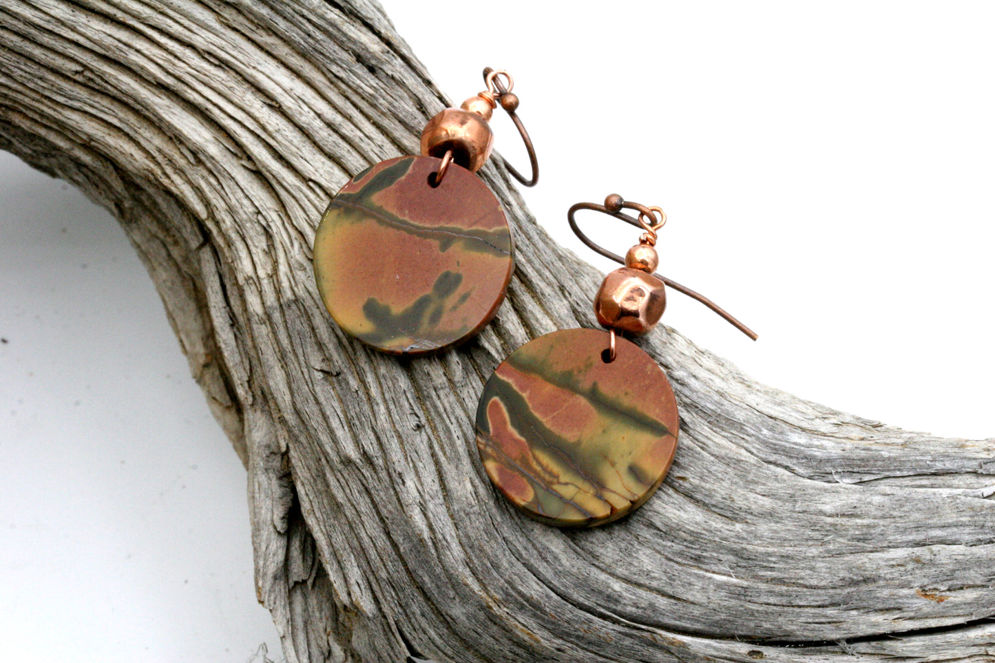 Red Creek Jasper Earrings – Natural Gemstone Disc Earrings with Copper Accent Beads, Boho Style