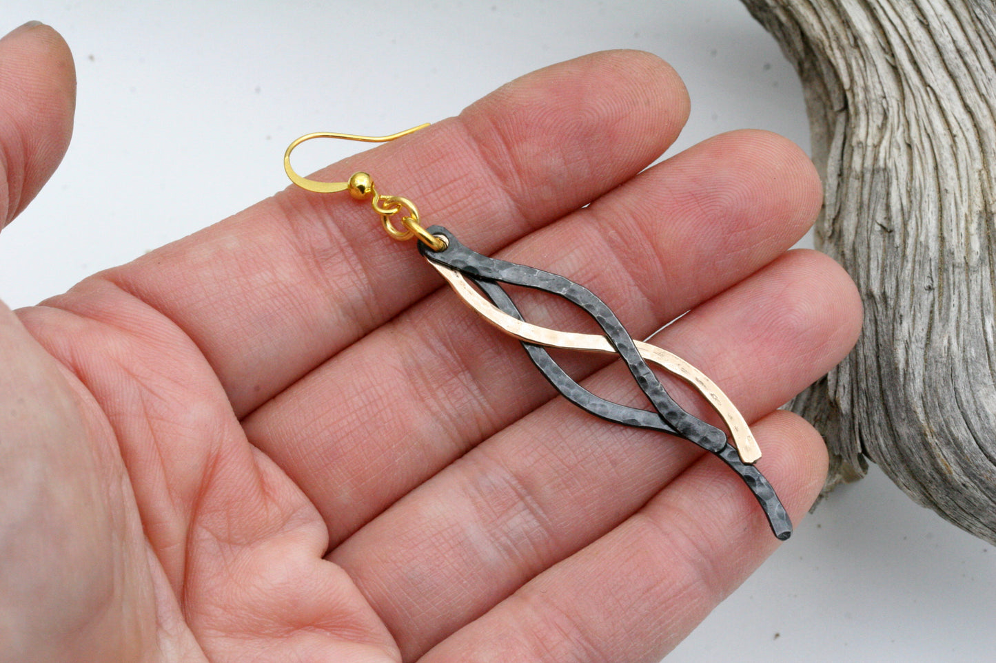 Handmade Iron and Bronze Wave Earrings – Textured Hammered Design