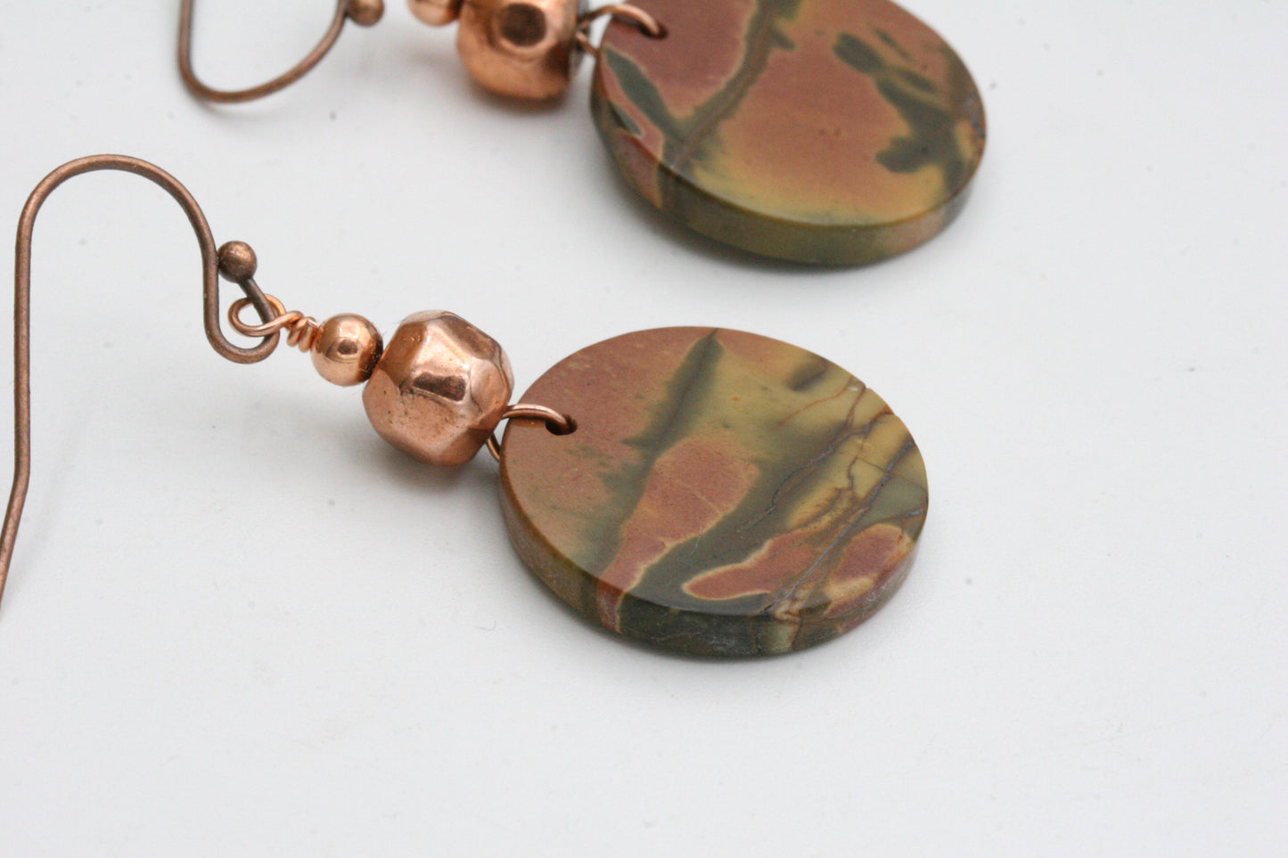Red Creek Jasper Earrings – Natural Gemstone Disc Earrings with Copper Accent Beads, Boho Style