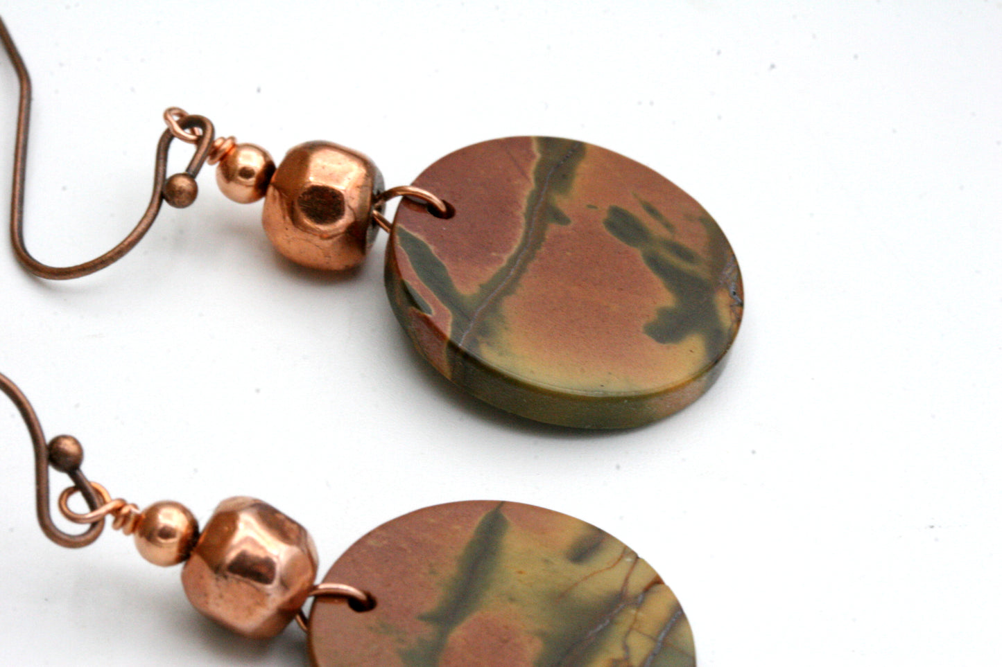 Red Creek Jasper Earrings – Natural Gemstone Disc Earrings with Copper Accent Beads, Boho Style