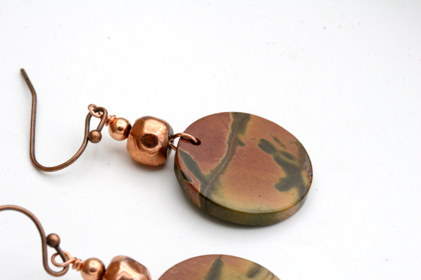 Red Creek Jasper Earrings – Natural Gemstone Disc Earrings with Copper Accent Beads, Boho Style