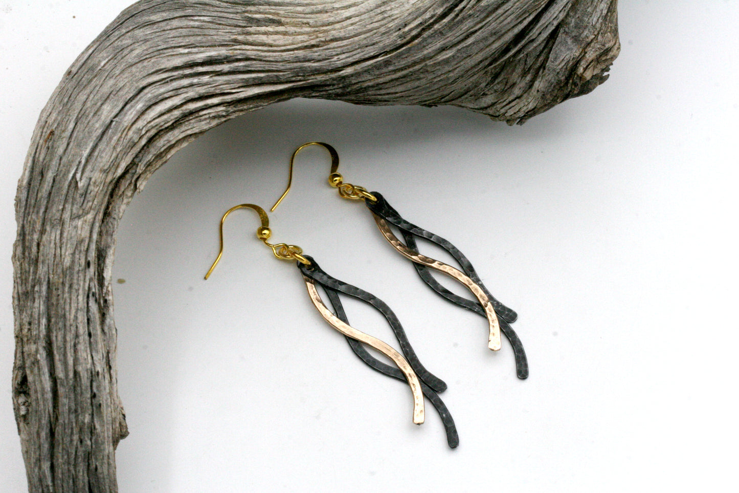 Handmade Iron and Bronze Wave Earrings – Textured Hammered Design