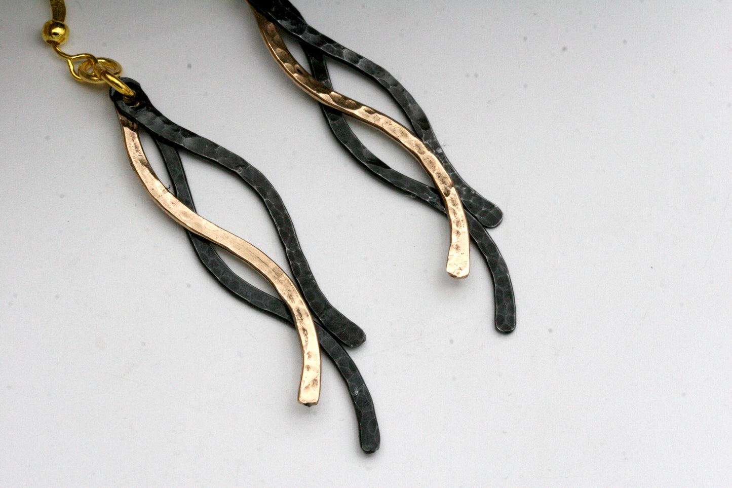 Handmade Iron and Bronze Wave Earrings – Textured Hammered Design