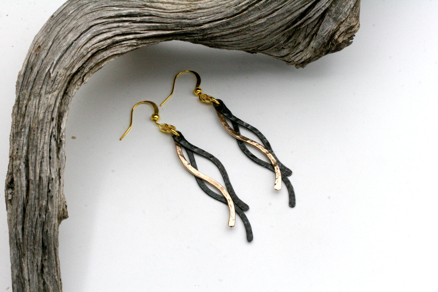 Handmade Iron and Bronze Wave Earrings – Textured Hammered Design